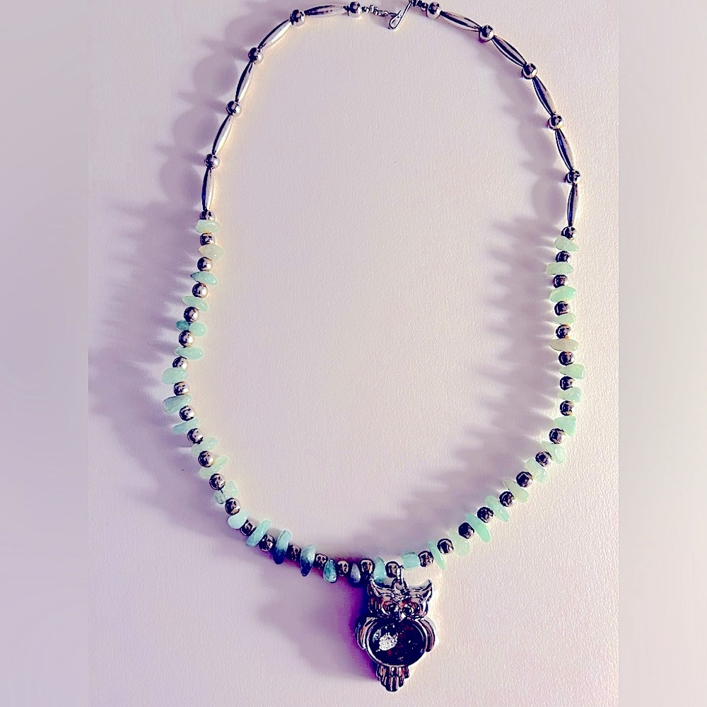 Necklace Owl charm Crystals pendant w Green Aventurine & silver oblong beads 18”
